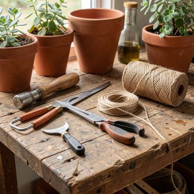 a potting bench with tools and twine