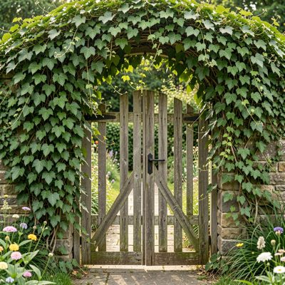 a garden gate with climbing ivy