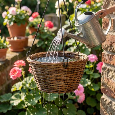 a hanging basket being watered