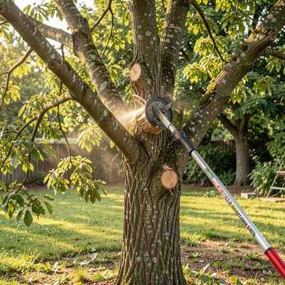 a tree being pruned with a pole saw