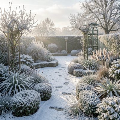 a garden in frost on a winter morning