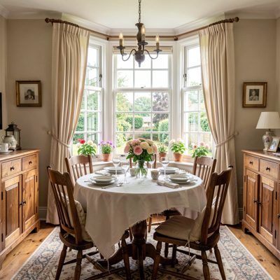 a bed and breakfast dining room with a bay window