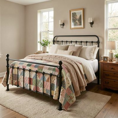 a bedroom with a cast iron bed and a quilt