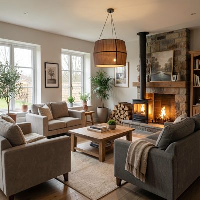 a shared lounge with a wood burner and sofas