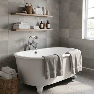 a bathroom with a roll top bath and towels