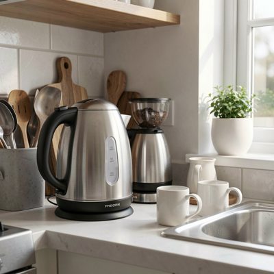 a guest kitchen with a kettle and mugs