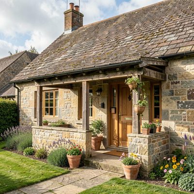 a holiday cottage with a stone porch