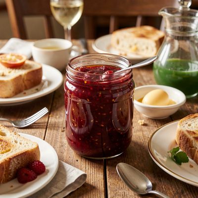 a jar of homemade jam on a breakfast table