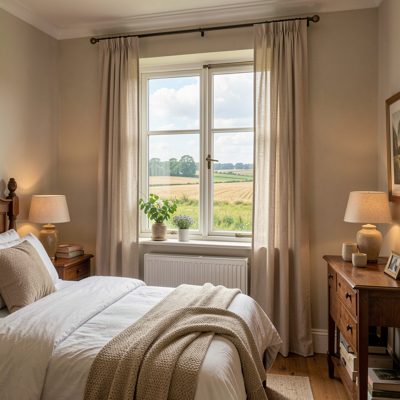 a bedroom window looking out over fields