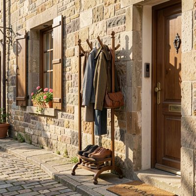 a coat rack by a guesthouse entrance