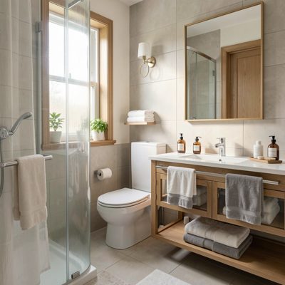 a guest bathroom with folded flannels