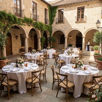 a courtyard with tables set out for guests