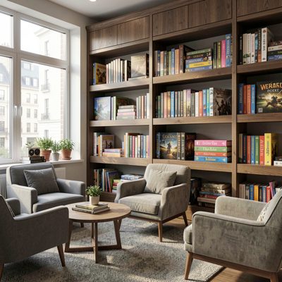 a guest lounge with board games on a shelf
