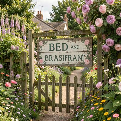 a bed and breakfast sign at a garden gate