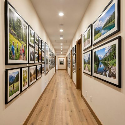 a hallway hung with framed local photographs