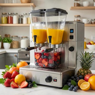 juice blending machine with organic fruits displayed