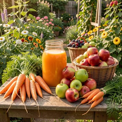 home garden harvest displaying carrots and apples for juice