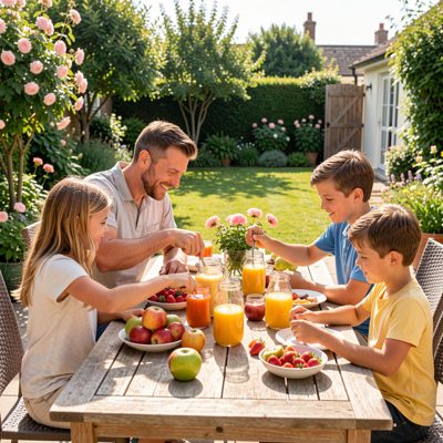family preparing juices together on a sunny patio table