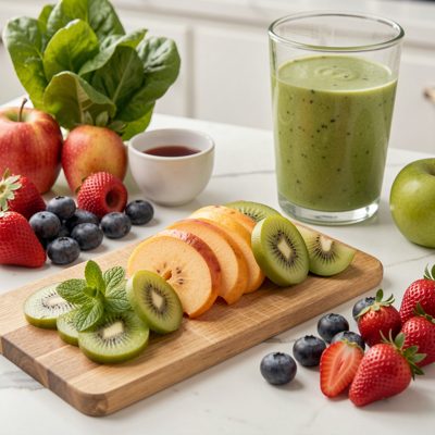 organic fruits sliced neatly for smoothie preparation area