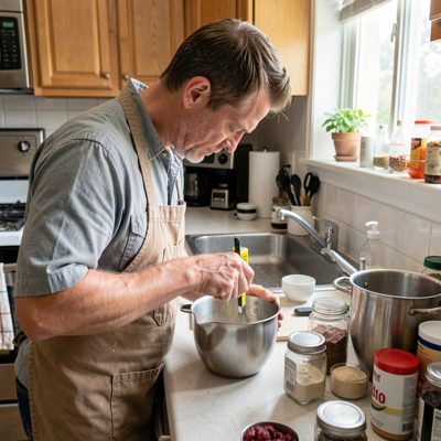 worker meticulously measuring ingredients in kitchen space