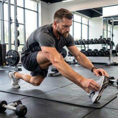 athlete stretching on gym floor before starting routine