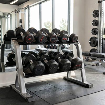 home gym equipment rack displaying adjustable dumbbells