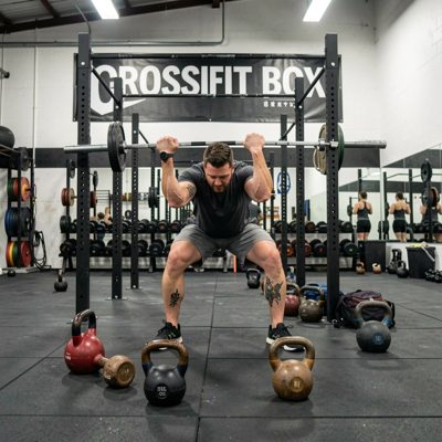 crossfit box showcasing kettlebell swings over training surface
