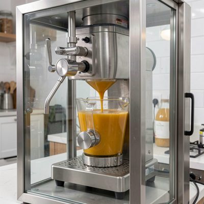 juice blending machine in use behind transparent glass cabinet