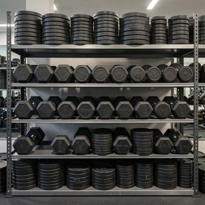 gym equipment storage displaying various dumbbells and plates neatly stacked