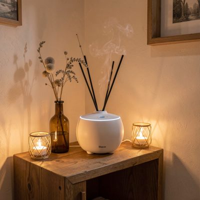 home spa corner with aromatherapy diffuser and soft lighting ambiance