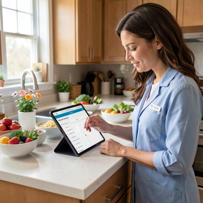 nutritionist reviewing meal plan on digital tablet at kitchen island