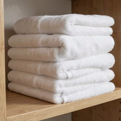 a stack of clean white towels on a shelf