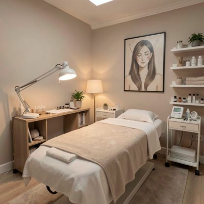 an acupuncture treatment room with soft lighting