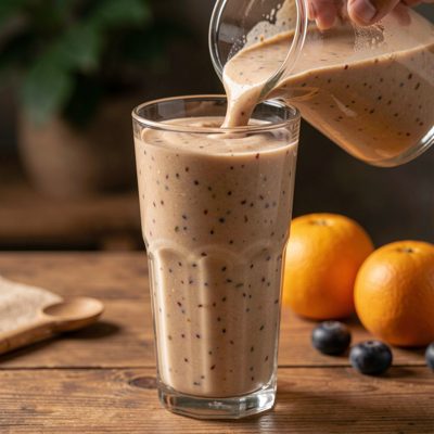 a smoothie being poured into a tall glass