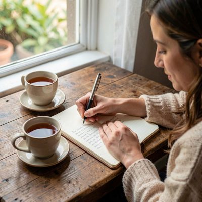 a person journalling with tea beside them