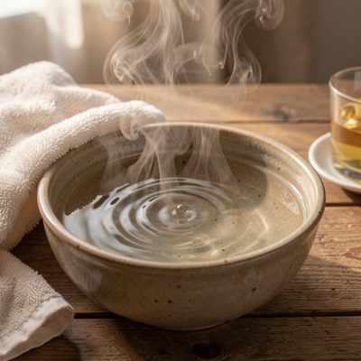a bowl of steaming water with a towel for facial steam