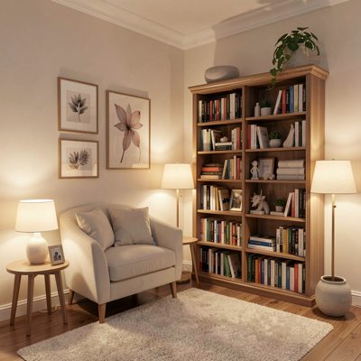a therapy room with soft lamps and a bookshelf