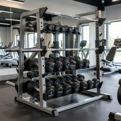 gym equipment rack with dumbbells and bars