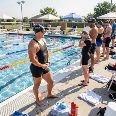 swimmers warming up on the pool deck