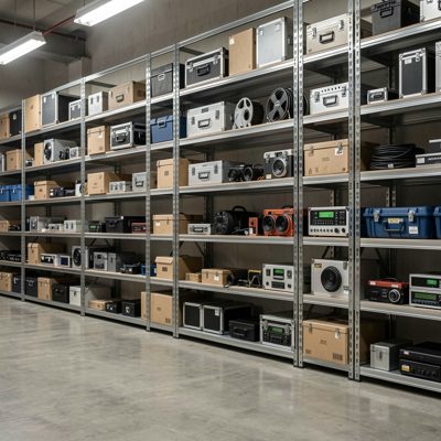 equipment storage shelves in background