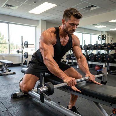 bodybuilder in training room stretching on bench press