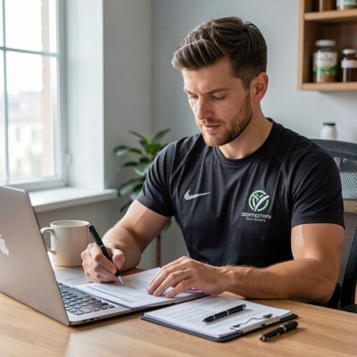 personal trainer reviewing nutrition plan at desk