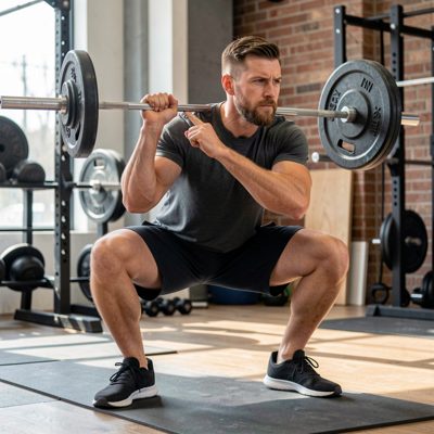 strength coach demonstrating proper squat technique
