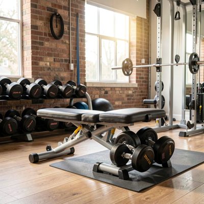 home gym setup featuring adjustable dumbbells and bench