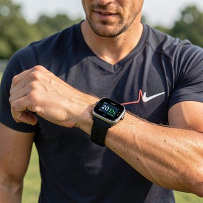 athlete wearing fitness tracker monitoring heart rate data