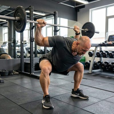 strength training session captured mid-repetition motion