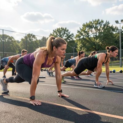 fitness bootcamp participants performing burpees outdoors