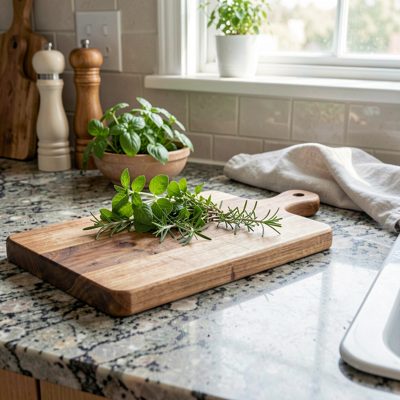 a kitchen worktop with a chopping board and herbs
