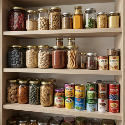 a pantry shelf with jars and tins