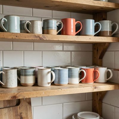 a kitchen shelf of mismatched mugs